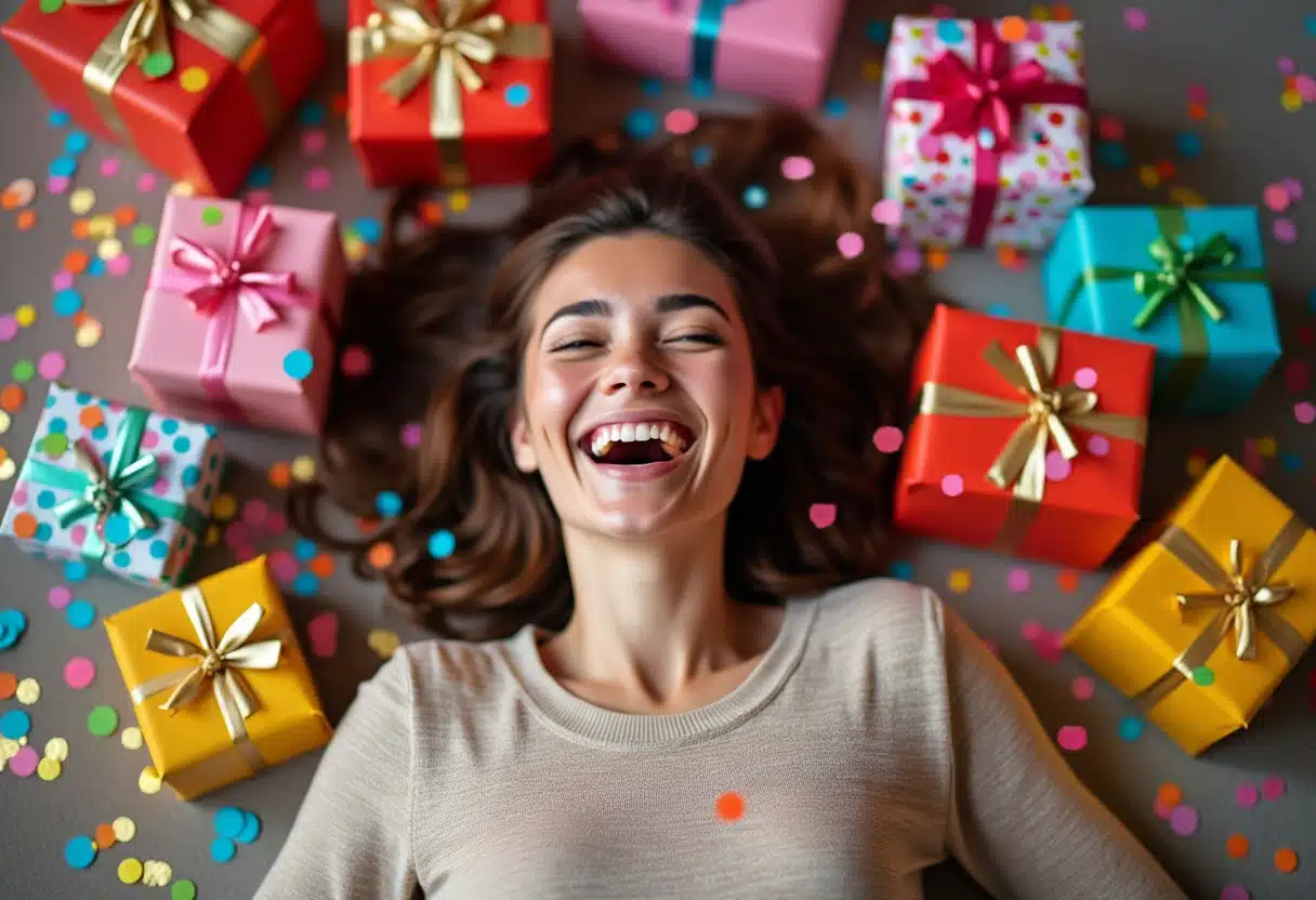 Una mujer se tumba entre sus regalos y se ríe.