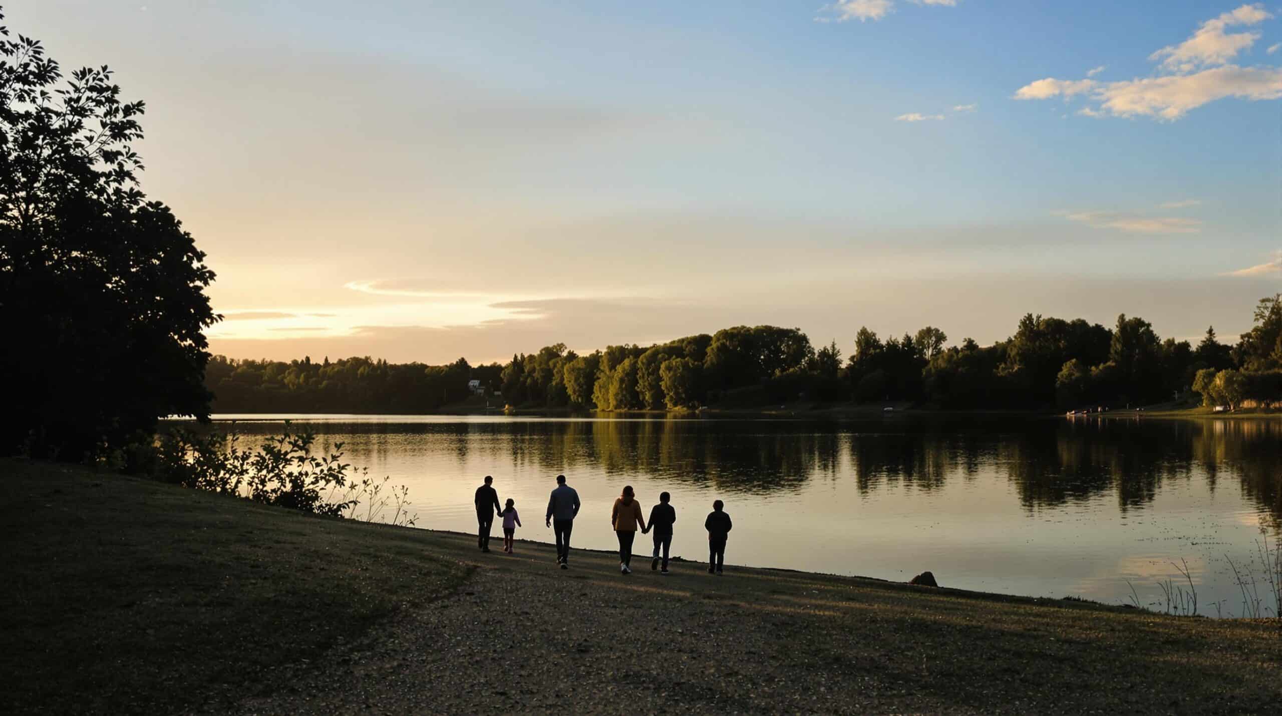 Una familia junto al lago al atardecer.
