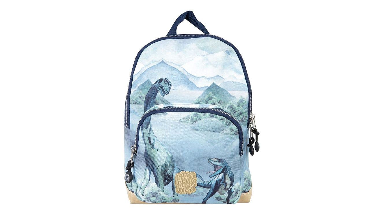 Mochila infantil azul claro con motivo de dinosaurio