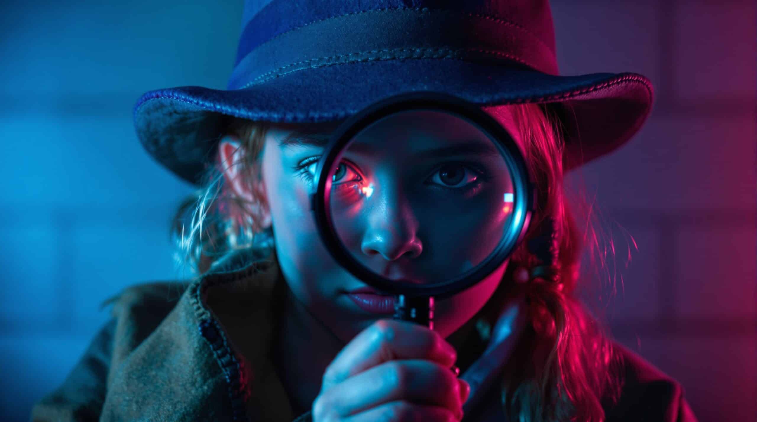 Una chica vestida de detective mira a la cámara a través de una lupa