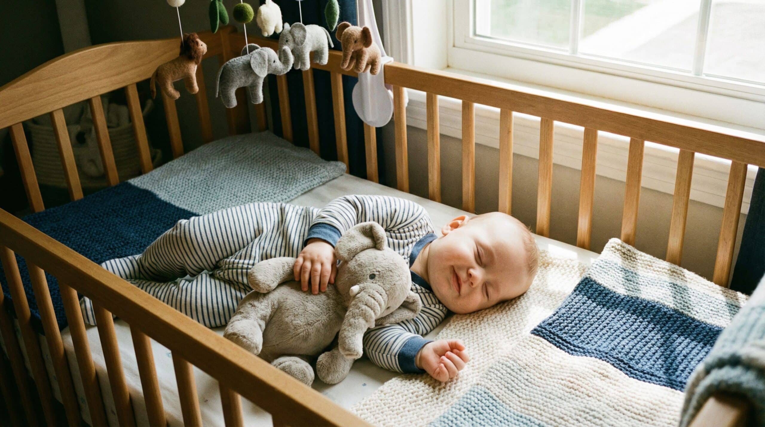 Un bebé duerme en su cuna y abraza un peluche.