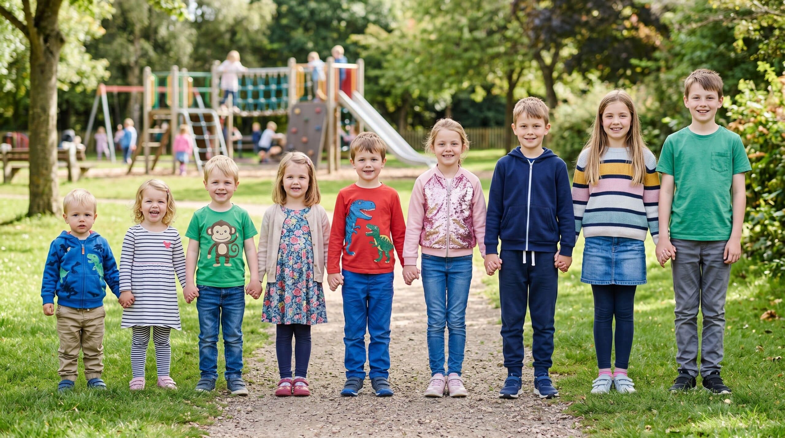 Niños de diferentes edades están uno al lado del otro.