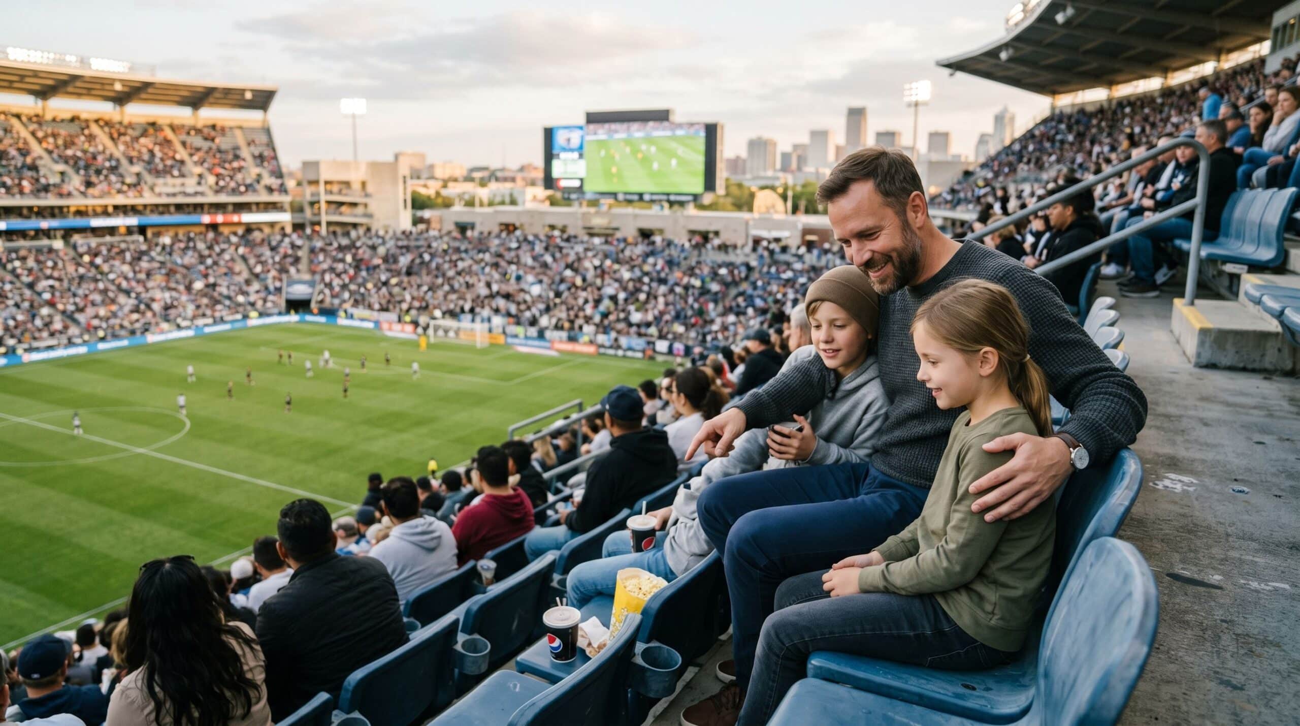 Un padre está sentado con sus dos hijos en un estadio de fútbol