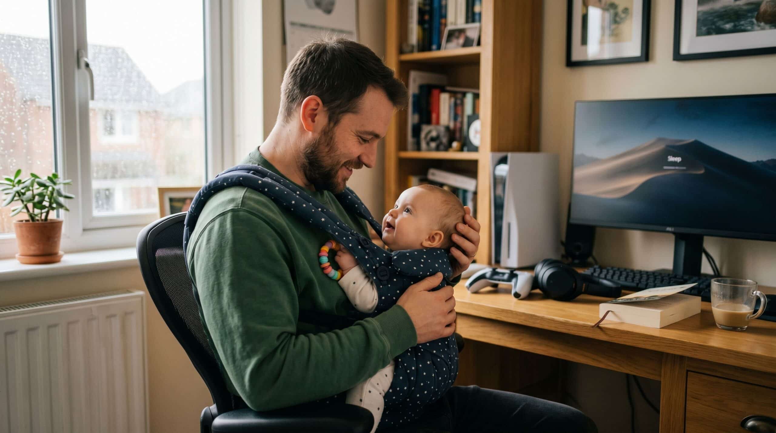 Un padre lleva a su bebé en un portabebés delante del pecho.